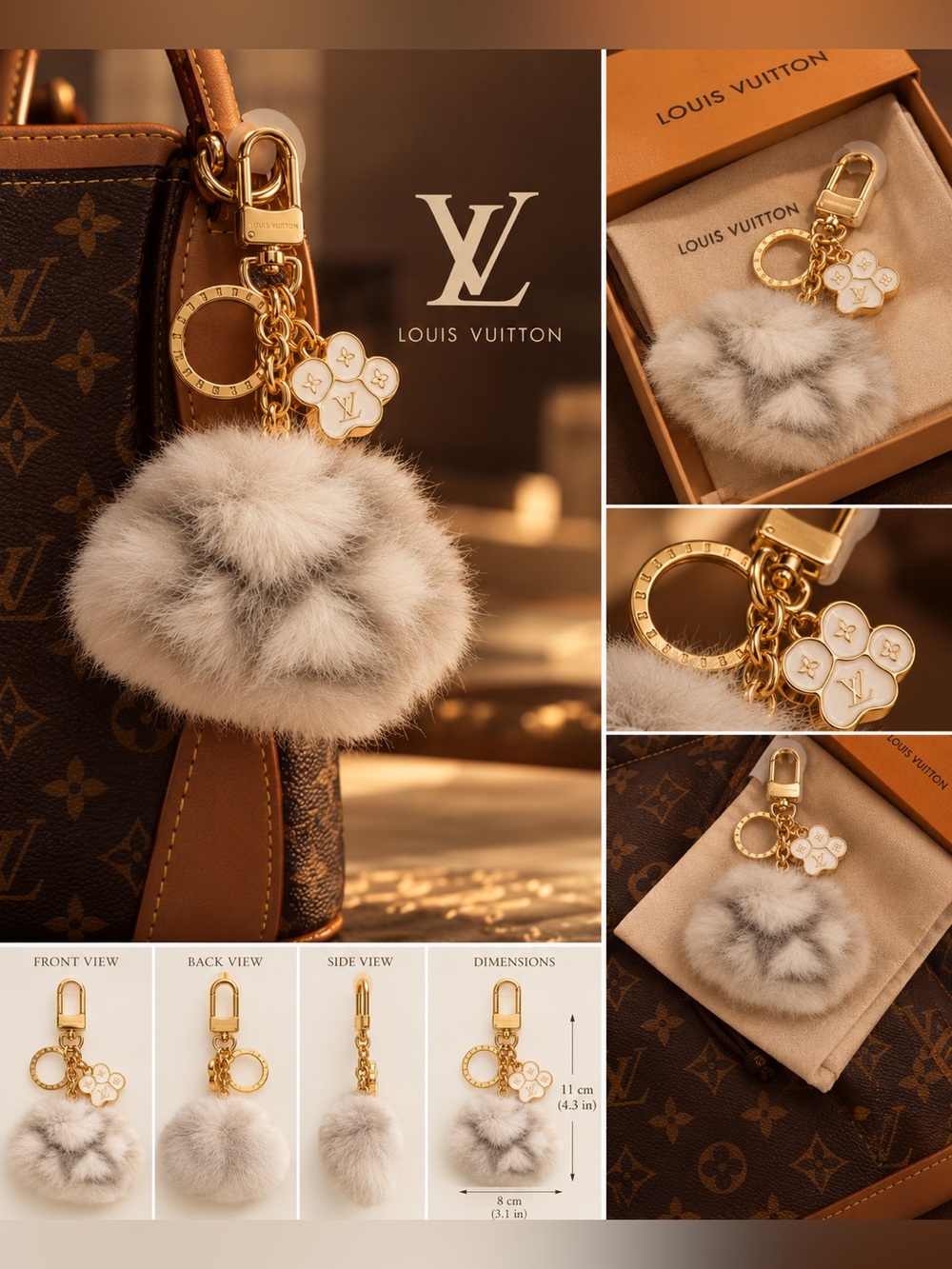 Faux Fur Pom Keychain with Paw Charm - gray and white